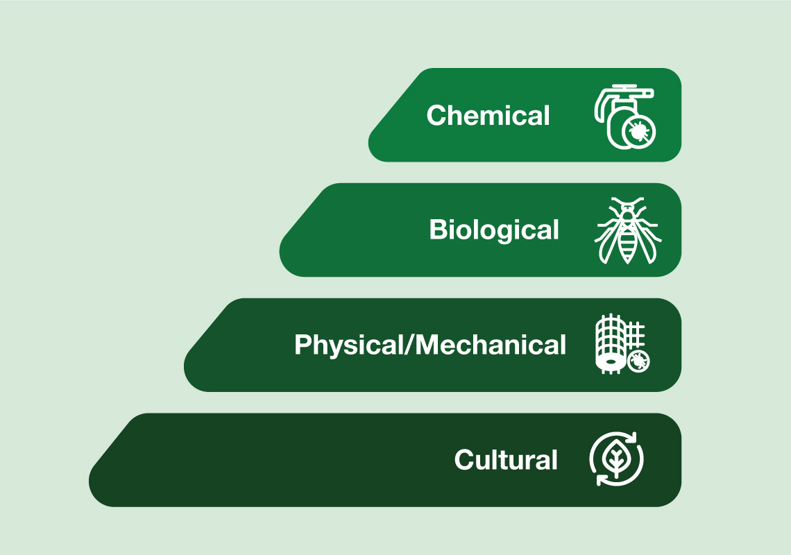 An illustration of layers of control actions to use for pest management, which includes cultural, physical/mechanical, biological, and chemical methods.